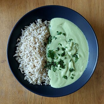 Chilled Avocado & Coconut Soup served with brown basmati rice