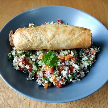Vegan Chickpea Sausage Rolls & Cauliflower Rice Tabbouleh