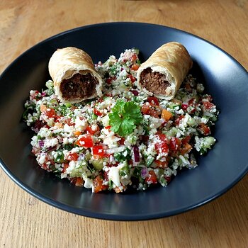Cauliflower Rice Tabbouleh & Vegan Chickpea Sausage Rolls