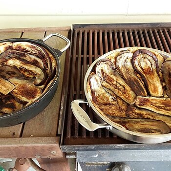 Cooked aubergine added