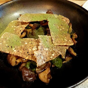 Miso Oyster & Shiitake Mushrooms, Garden Herbs, Wild Mushroom Veloute, Parsley 0il