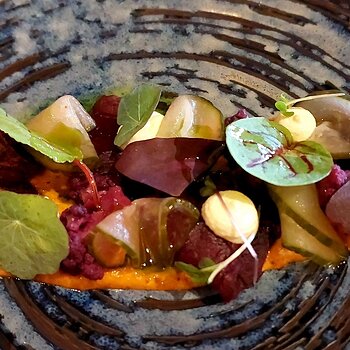 Beetroot Pastrami - Romesco, Macadamia feta, Nasturtium, Pickles