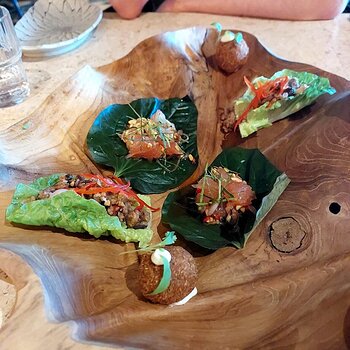 Bloom Providore Mince Croquettes, Pomelo Miang Kam, San Choy Bow in Baby Gem Lettuce Cups