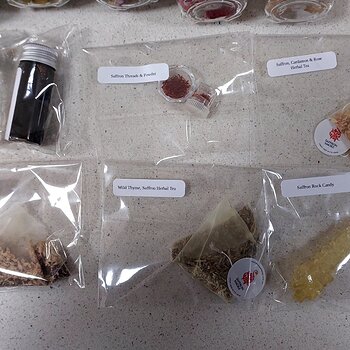 Various herbal saffron tea bags plus sample sizes saffron threads and saffron powder