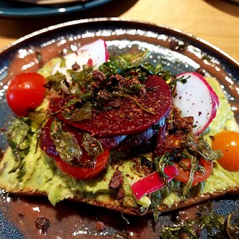 Smashed avo with beetroot and a rhubarb compote