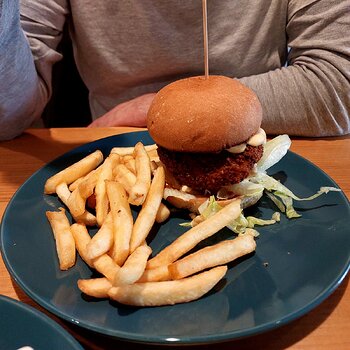 Veggie burger and chips