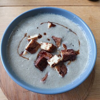 Homemade mushroom soup with honey soy tofu & tamari