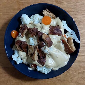Cauliflower "cheese" with carrots & mock duck