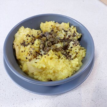 Celeriac & Saffron Risotto with Sage, Caper and Lemon Oil