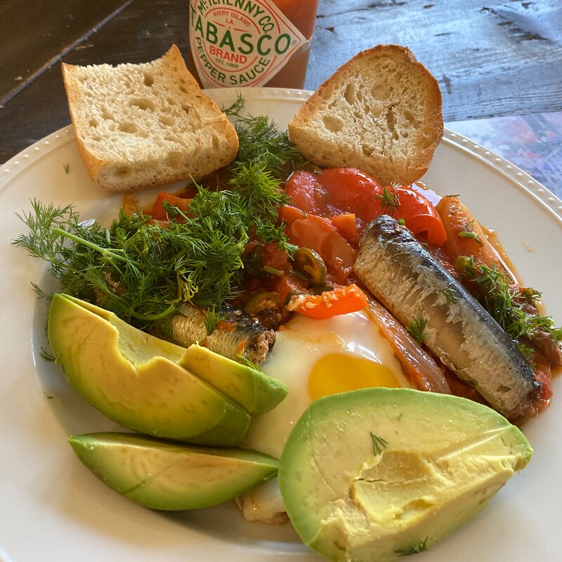 Sardine shakshouka with avocado