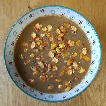 Mushroom Bisque with Fava Bean Croutons