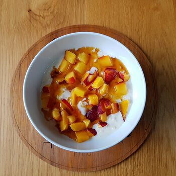 Nectarine, Maple Syrup and Oats soaked in Soya Yoghurt