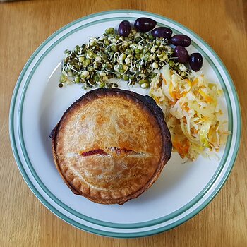 Sweet Potato and Beetroot Pie with sauerkraut and sprouted beans