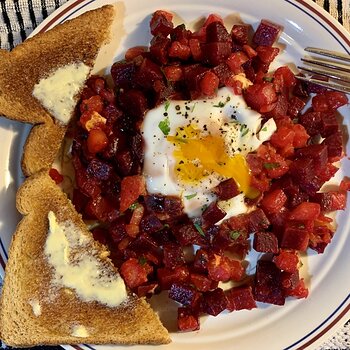 Beet-And-Turnip Hash With Runny Egg