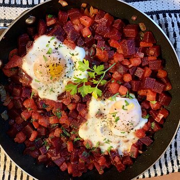 Beet-And-Turnip Hash With Runny Eggs