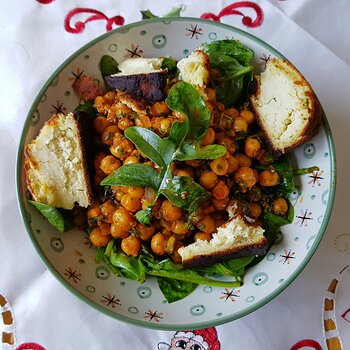 Chickpea Salad with Baked Almond Nut Cheese