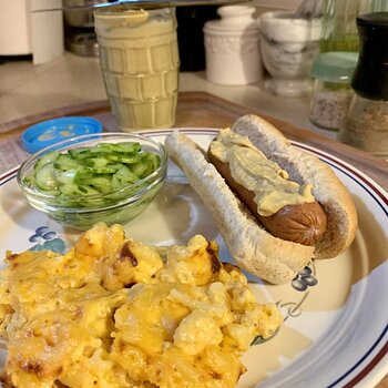 Smoked Sausage Dog, Macaroni And Cheese, Cucumber Salad