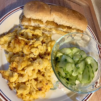 Fish Sandwich, Mac-And-Cheese, And Cukes