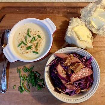 Potato-Beer Cheese Soup And Red Cabbage Slaw