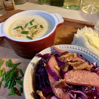 Potato-Beer Cheese Soup And Red Cabbage Slaw