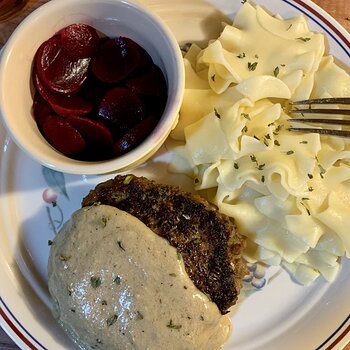 German Beefsteak With Mustard Sauce, Beets, And Buttered Noodles