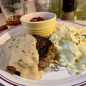 German Beefsteak With Mustard Sauce, Beets, And Buttered Noodles