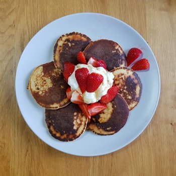 Pikelets, Strawberries, Soya Yoghurt and Maple Syrup