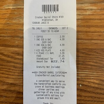 Cracker Barrel Receipt