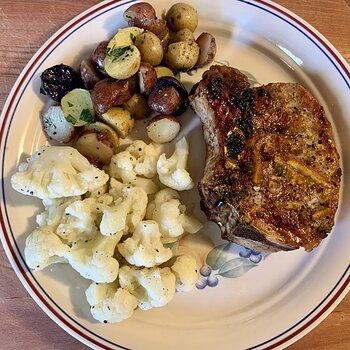 Glazed Pork Chops, Steamed Cauliflower, And Leftover Potatoes