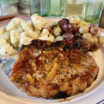 Glazed Pork Chops, Steamed Cauliflower, And Leftover Potatoes
