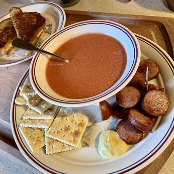 Cream Of Tomato Soup, Fried Kielbasa, And Grilled Cheese