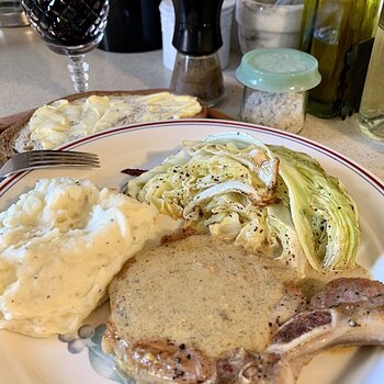 Mustard Pork Chops, Roasted Cabbage, And Mashed Potatoes