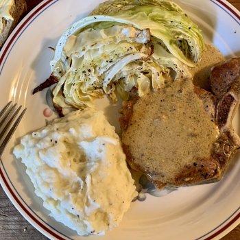 Mustard Pork Chops, Roasted Cabbage, And Mashed Potatoes