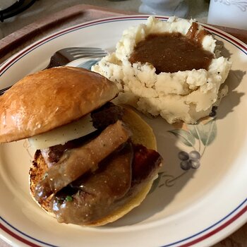 Sausage-Cheese Sandwich And Mash With Onion Gravy