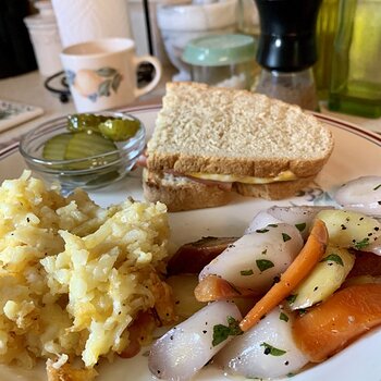 Ham And Cheese, Hashbrown Casserole, Rainbow Carrots, And Bread-And-Butter Pickles