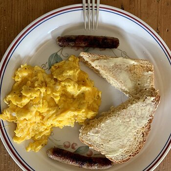 Cheesy Eggs, Sausage, And Toast