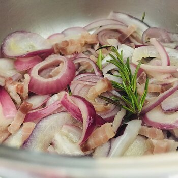 Cooking red onions and smoked pancetta.jpeg