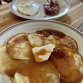 Cornmeal Pancakes, Sorghum, Fried Egg, And Bacon