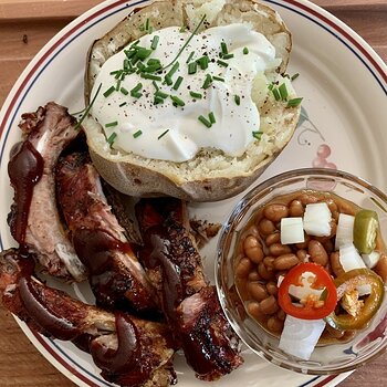 Ribs, Baked Potato, Baked Beans