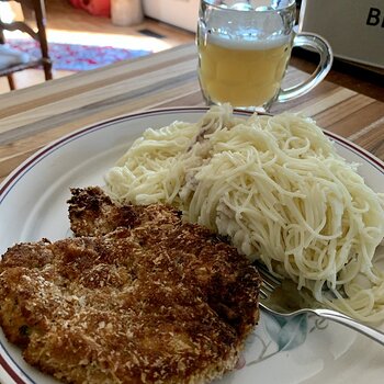 Chicken Schnitzel, Garlic Mashed Potatoes, & Noodles