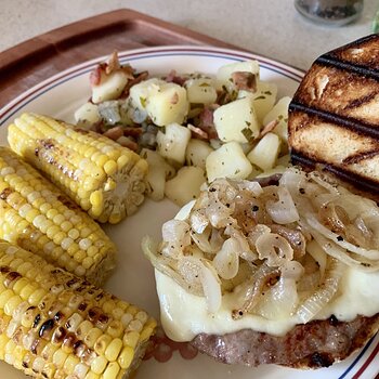 Bratwurst Burger, German Potato Salad, Corn-On-The-Cob
