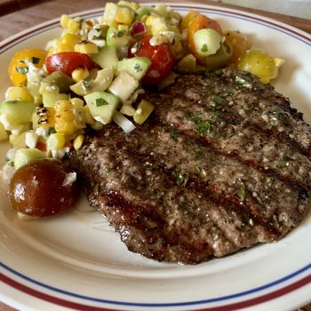 Grilled Cube Steak & Greek Corn Salad