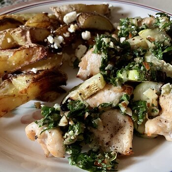 Chicken-Zucchini Skewers W/ Roasted Greek Potatoes