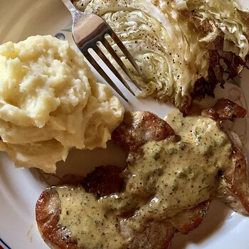 Mustard Chops, Roasted Cabbage, And Buttermilk Mashed Potatoes