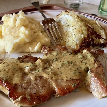 Mustard Chops, Roasted Cabbage, And Buttermilk Mashed Potatoes