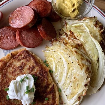 Fried Trail Bologna, More Roasted Cabbage, Potato Cake