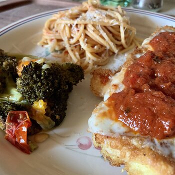 Chicken Parm, Spaghetti, Roasted Broccoli