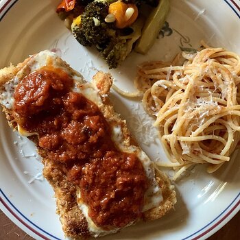 Chicken Parm, Spaghetti, Roasted Broccoli