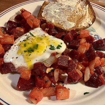 Egg Over Beet-Turnip Hash