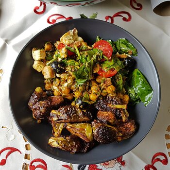 Chickpea Salad, baked almond feta cheese, roasted Brussels sprouts